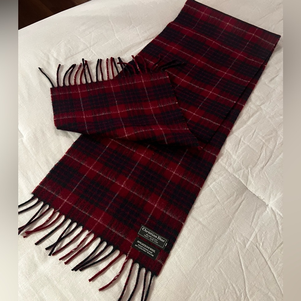 Dior Red and Black Checkered Scarf and box